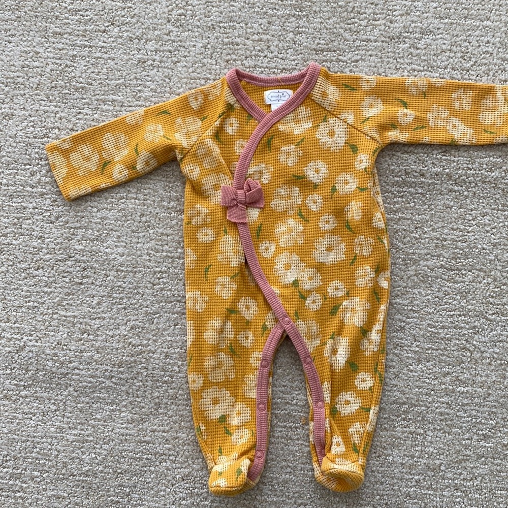 MudPie footie mustard floral waffle knit 0-3 months